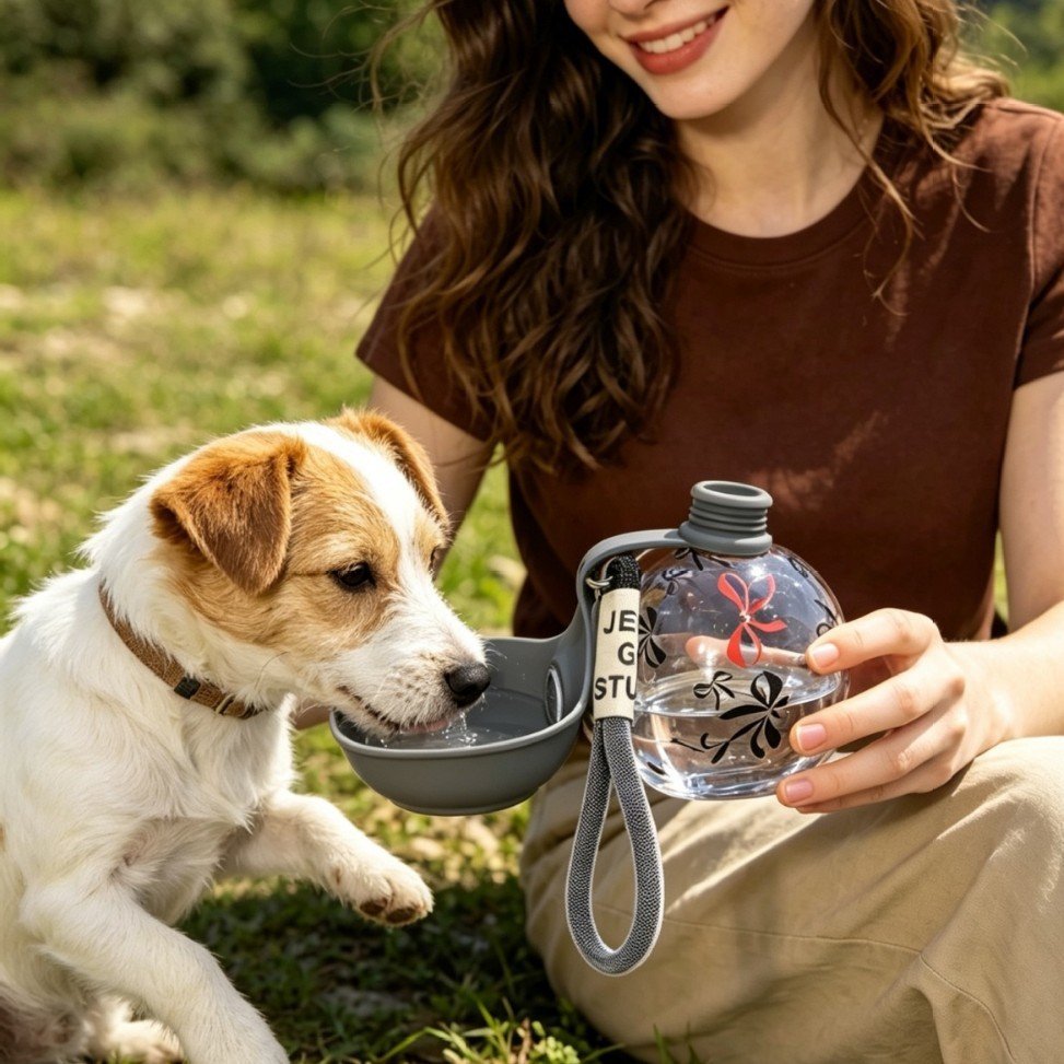 Botella de agua portátil para mascotas, ideal para excursiones.
